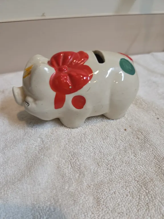Vintage mid century ceramic pig piggy bank hand painted with red and yellow facial accents