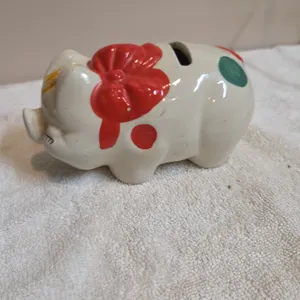Vintage mid century ceramic pig piggy bank hand painted with red and yellow facial accents
