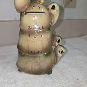 Vintage hand painted ceramic stack, turtle piggy bank