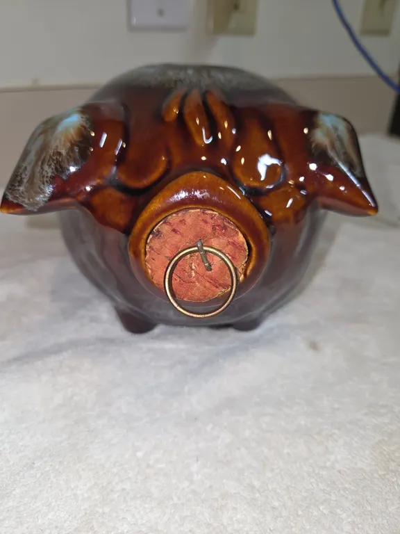 Vintage nineteen fifty seven, quirky pig ceramic piggy bank by Hull pottery