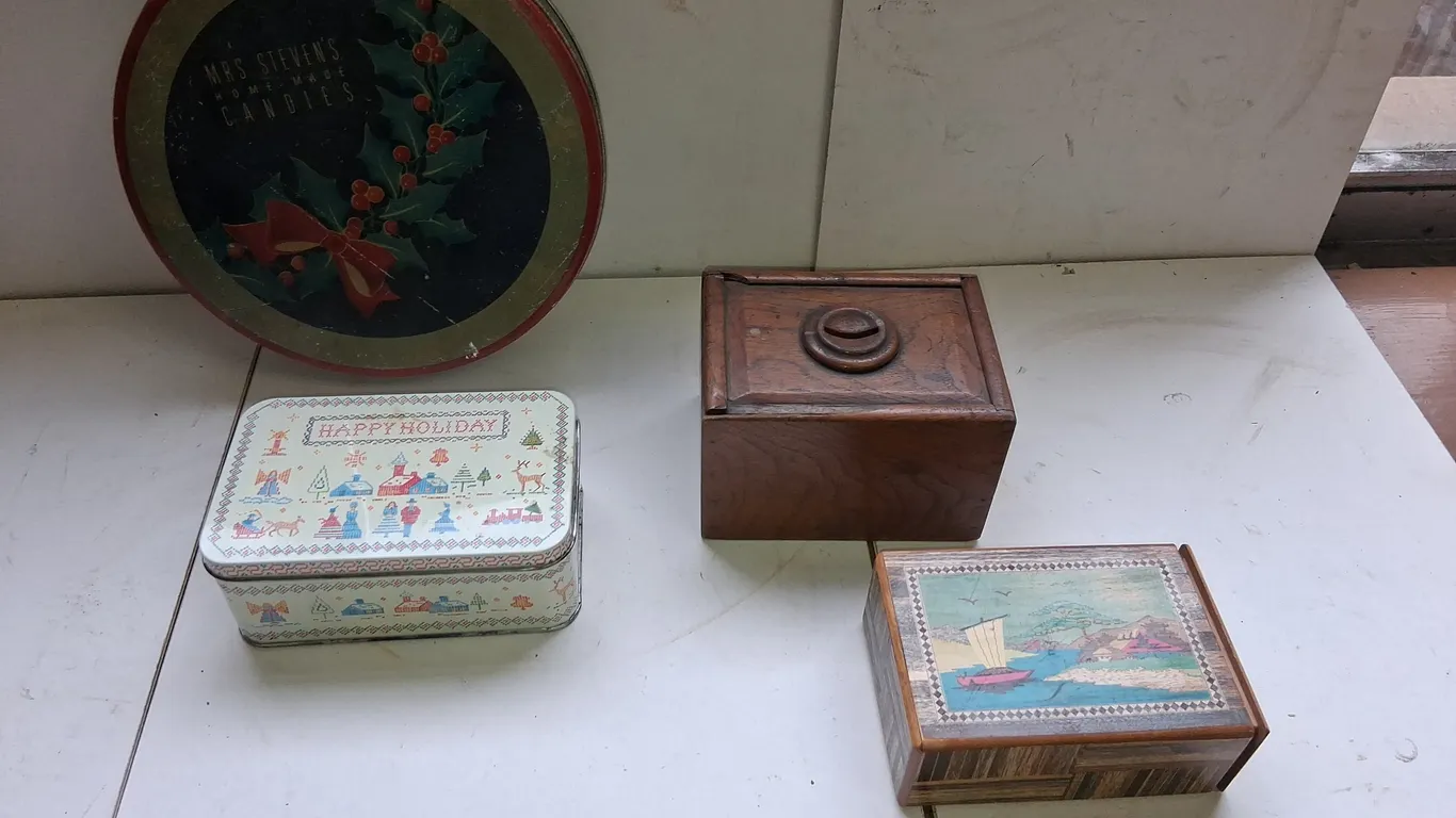 Antique Tins (2) Japanese laminate box and wood bank