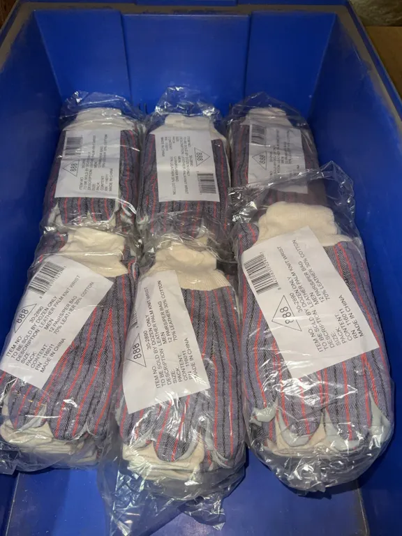 Bin of leather palm knit wrist 12 pairs per pack 6 full packs
