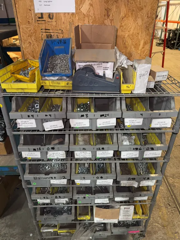 Hardware and parts with bins and shelving