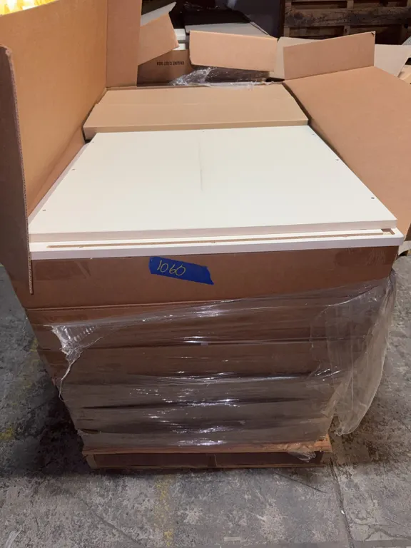 3 pallets of white particleboard engine cart box 18 boxes total