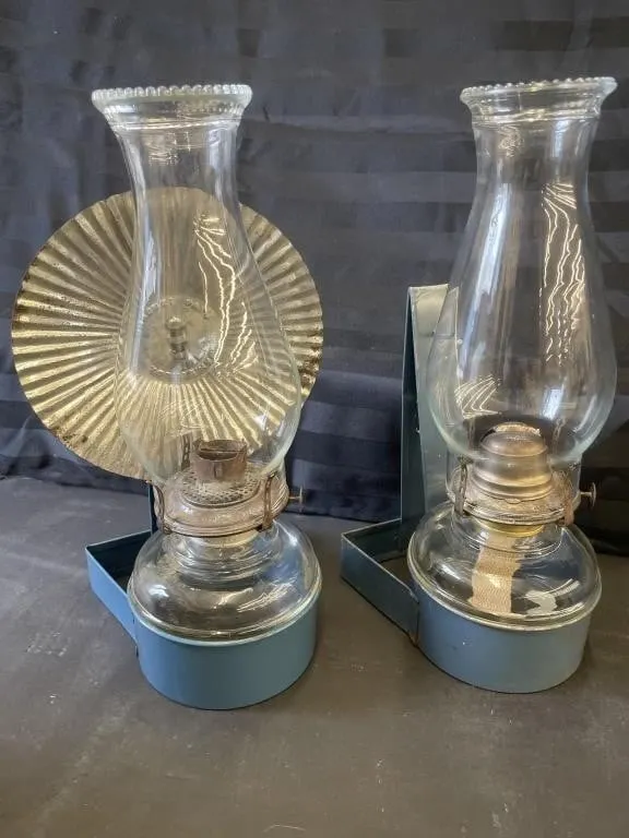 Pair of antique wall-mounted kerosene oil lamps