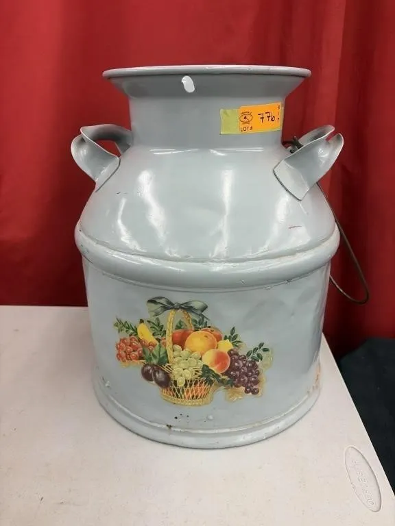 Vintage light-blue painted metal milk can