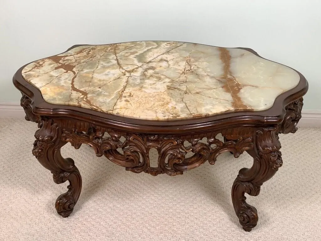 Marble Top Heavily Carved Coffee Table