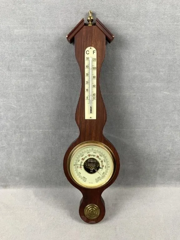 Wooden Banjo-Style Wall Barometer & Thermometer
