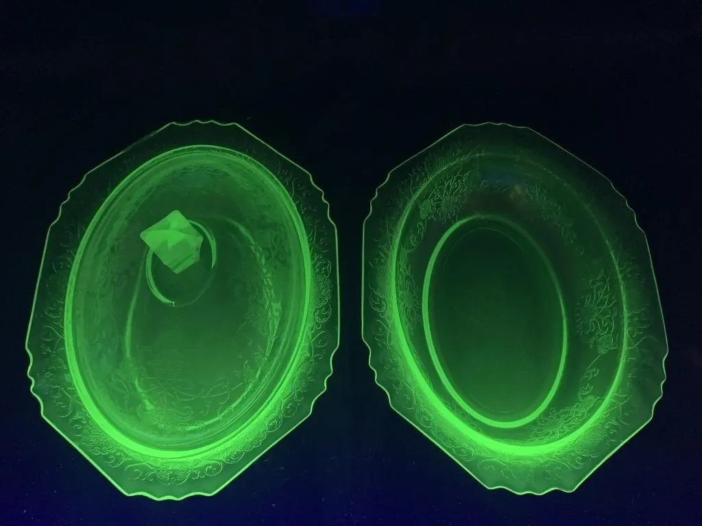 Uranium Depression Glass Serving Dish & Bowl