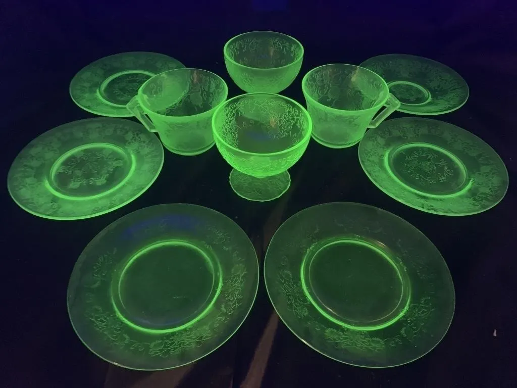 Uranium Depression Glass Tea Cups & Saucers
