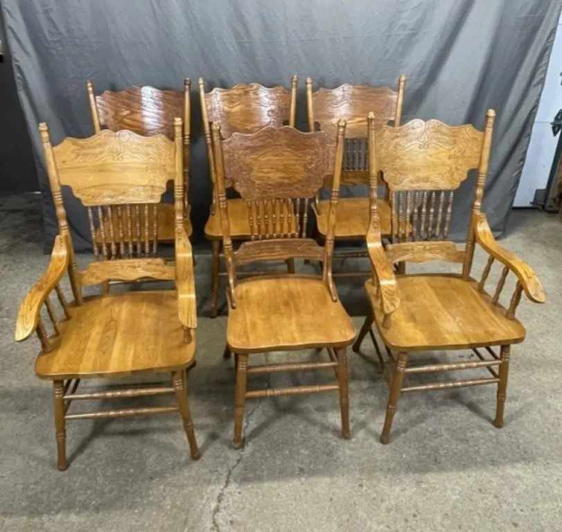 6 Oak Double Press Back Dining Chairs