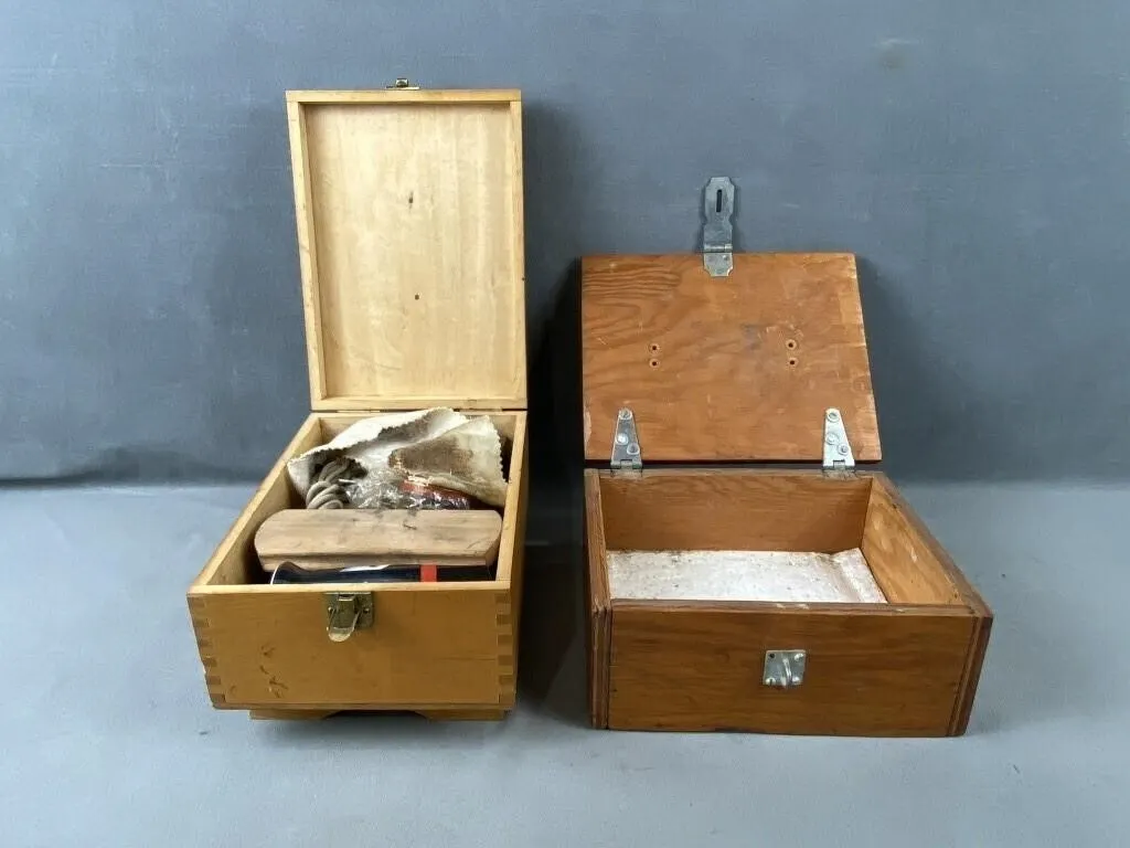 Shoe Shine Box & Wooden Box w Contents