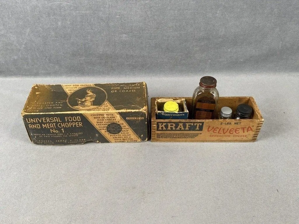 Vintage Meat Chopper, Wood Box, etc
