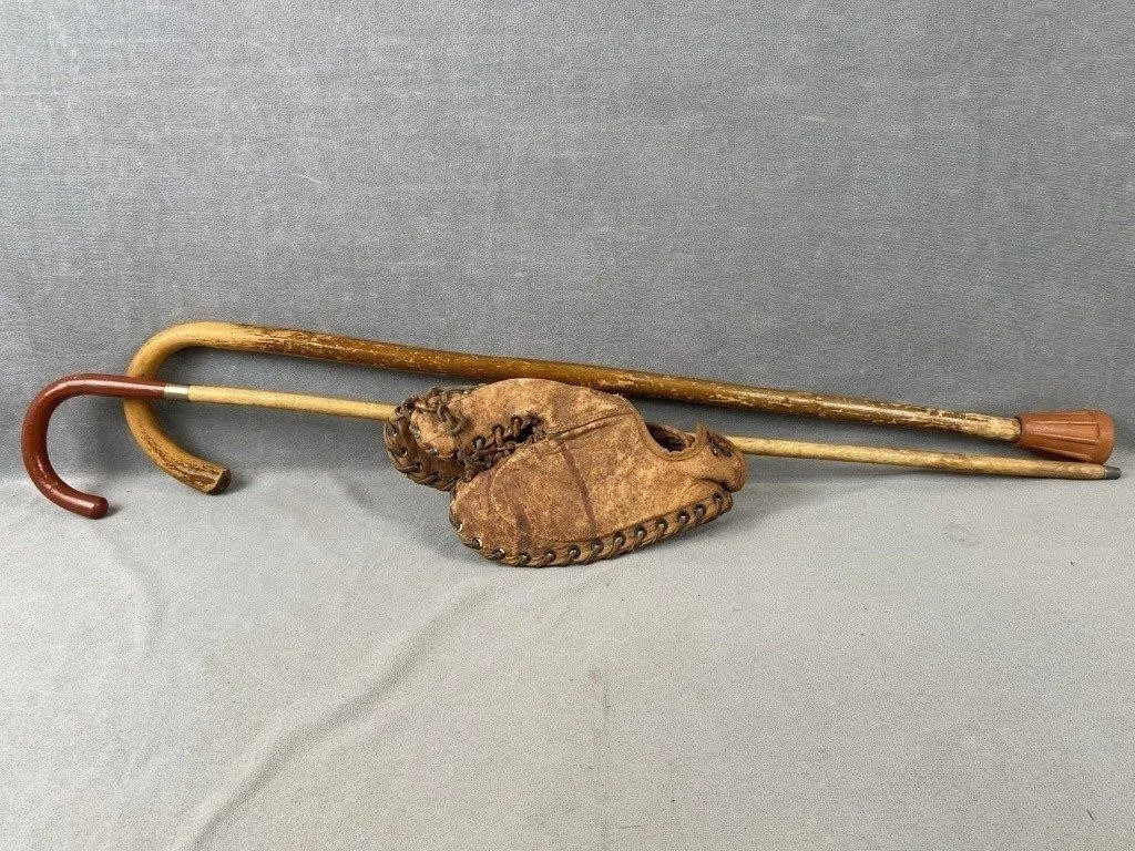Vintage Baseball Glove & Wooden Canes