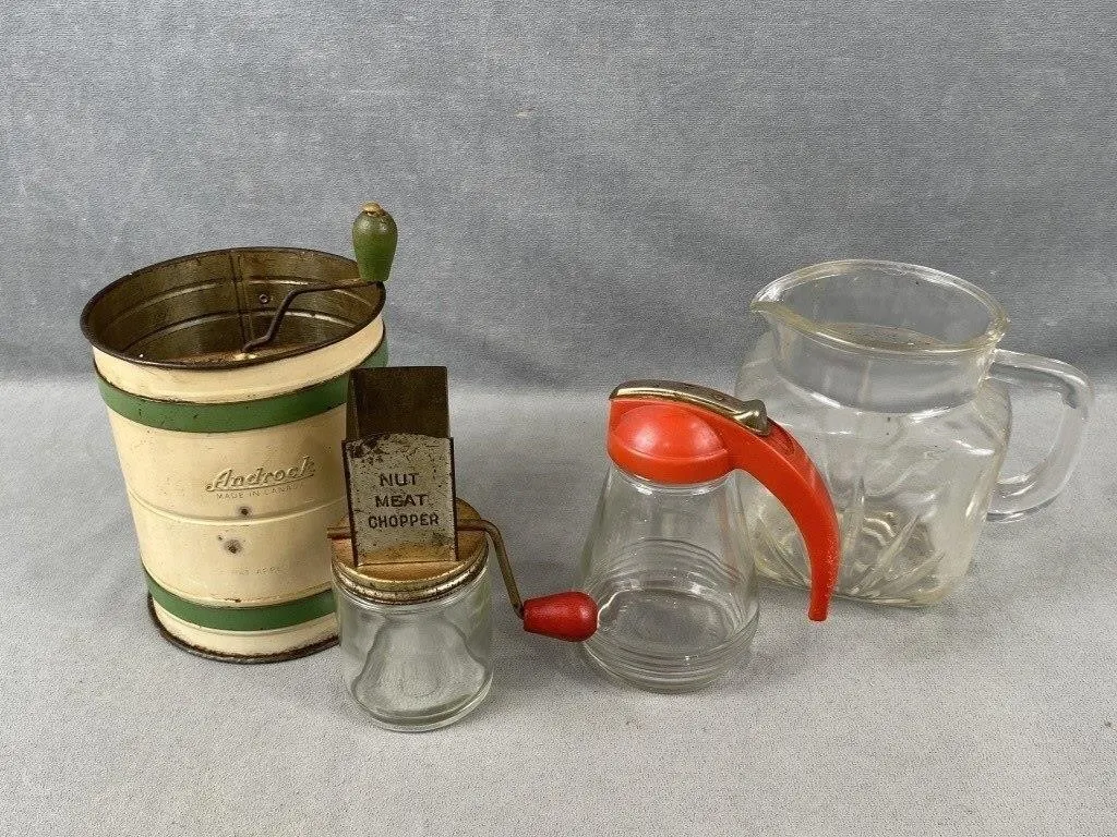 Vintage Nut Meat Chopper, Syrup Pitcher, etc