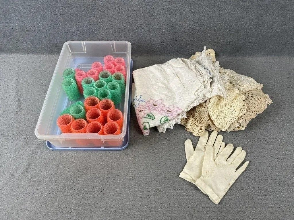 Collection of Linens & Hair Rollers, Etc