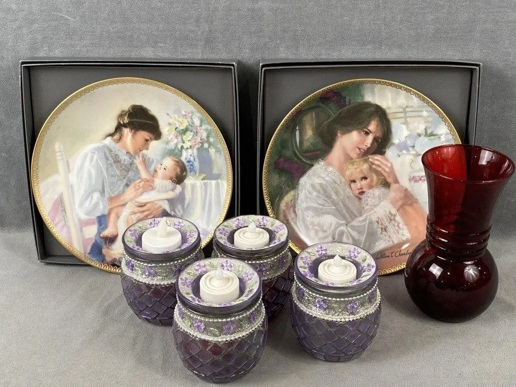 Decor Plates, Cranberry Vase & Tea Light Vases
