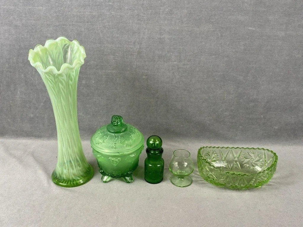 Green Glass Vase, Candy Dish, etc