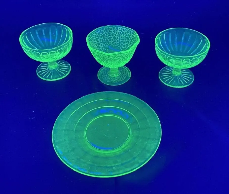 Uranium Depression Glass Plate & Sundae Cups