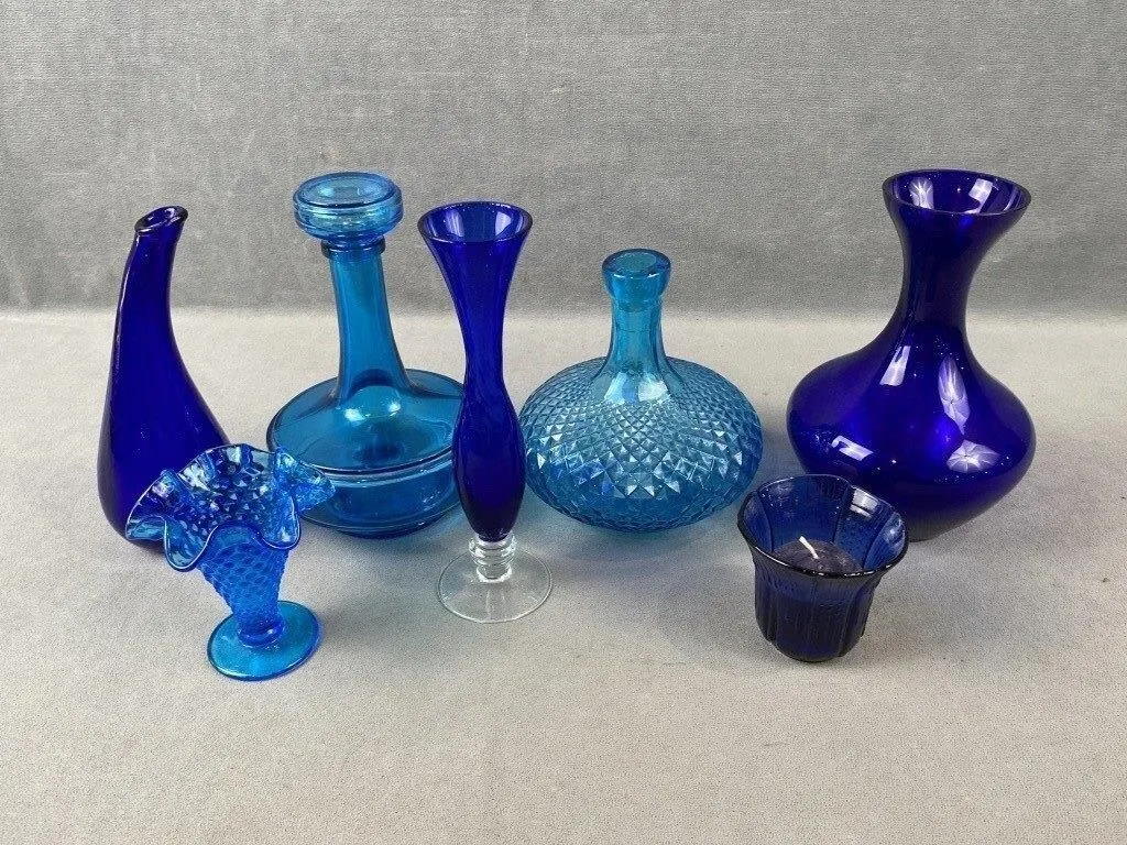 Blue Glass Decanter & Vases