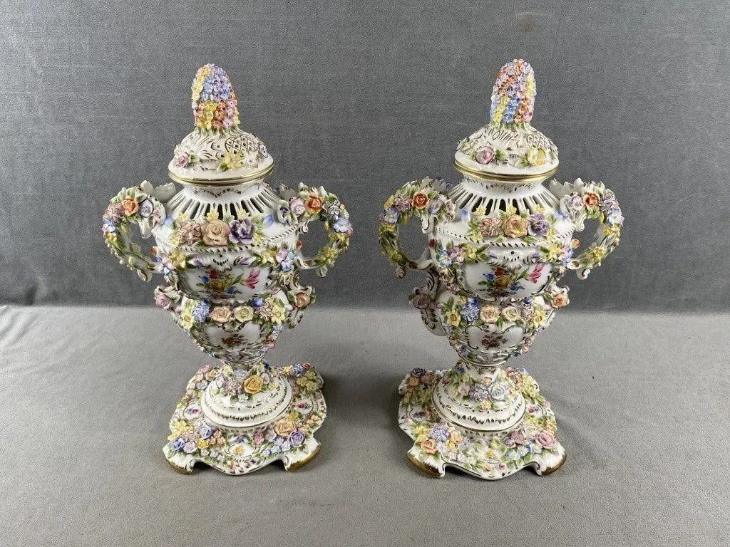 Dresden Style Encrusted Urns / Vases