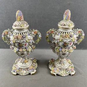 Dresden Style Encrusted Urns / Vases