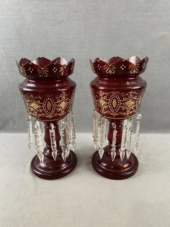 Cranberry Mantle Lusters w Prisms