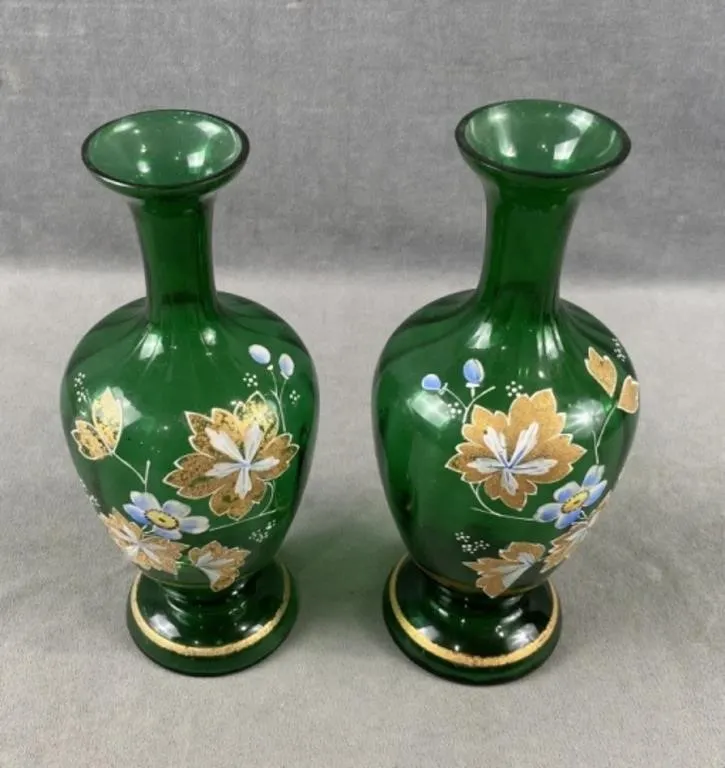 Pair of Hand Painted Green Glass Vases