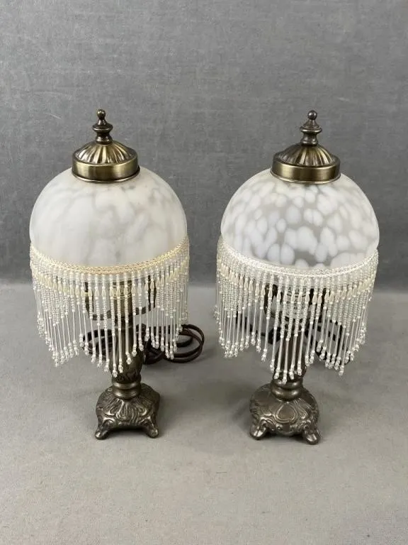 Pair of Frosted Glass Shade Lamps w Fringe