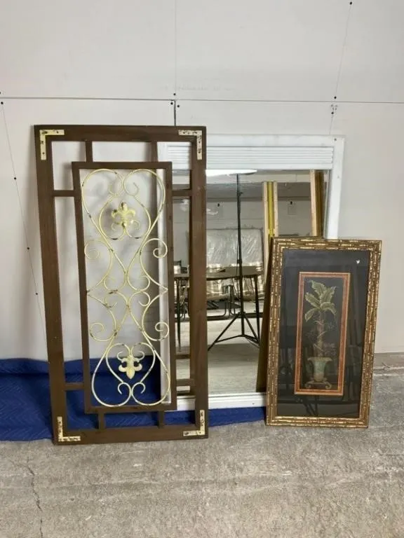 3pc Mirror, Metal Panel & Framed Botanical Art