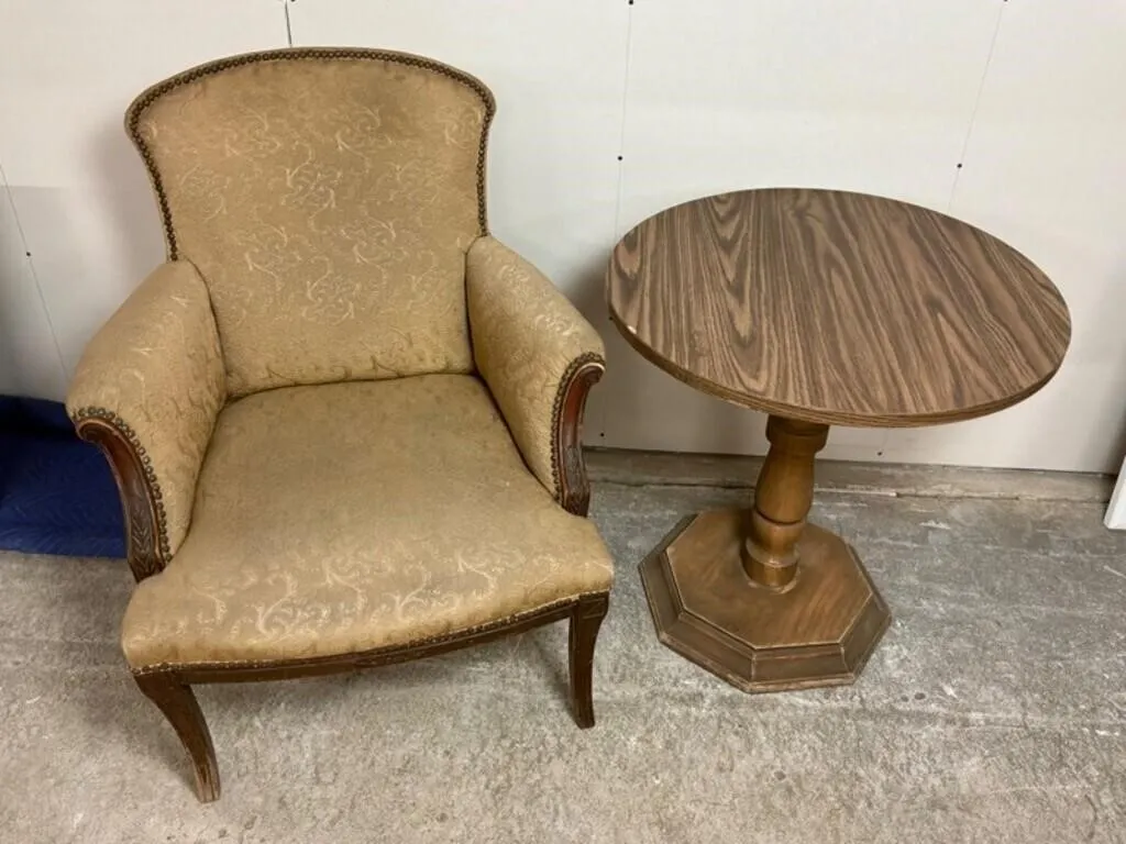 Upholstered Armchair & Round Pedestal Table Set