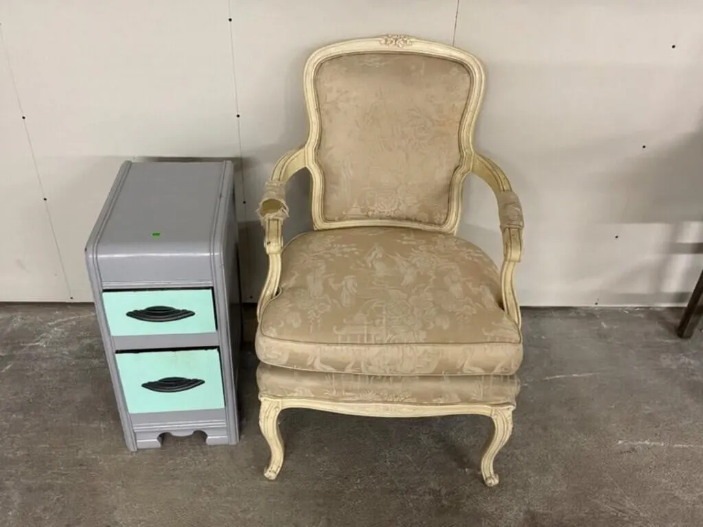 Ornate Upholstered Chair & Nightstand Set