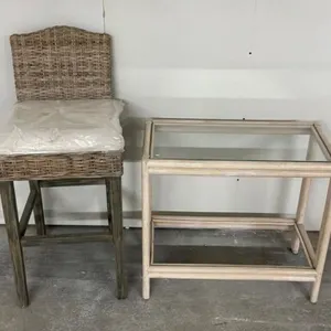 Wicker Bar Stool & Glass-Top Table (Lot of 2)