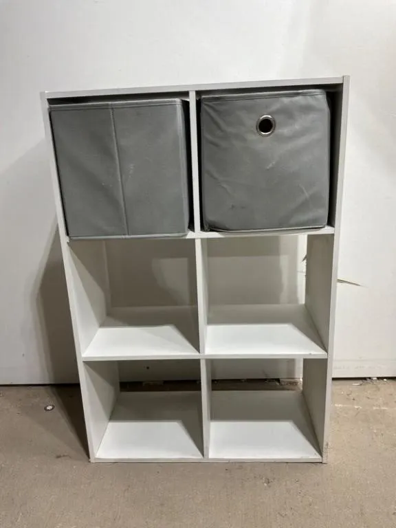 6-Cube White Storage Shelf w/ 2 Fabric Bins
