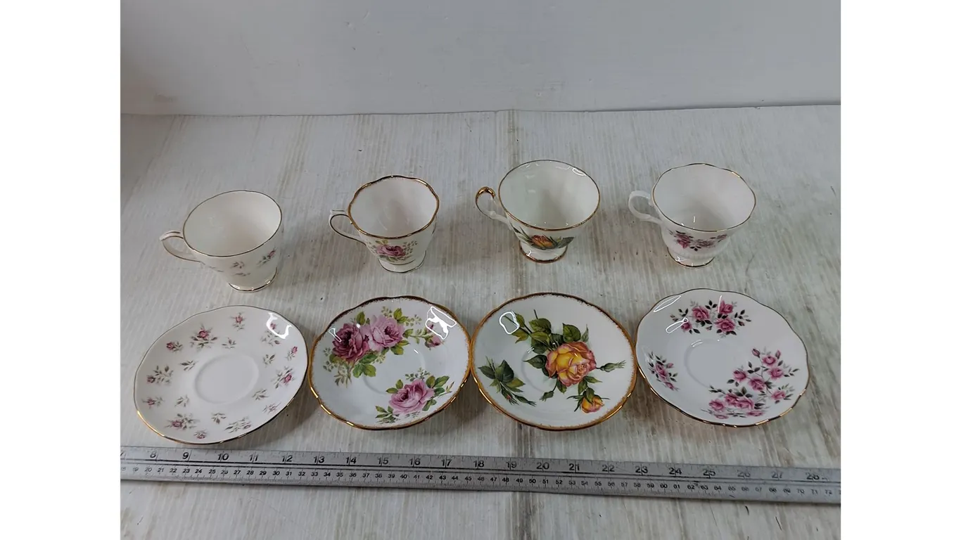 (4) Teacups with Saucers, (1) Duchess, American Beauty, Royal Albert, Paragon