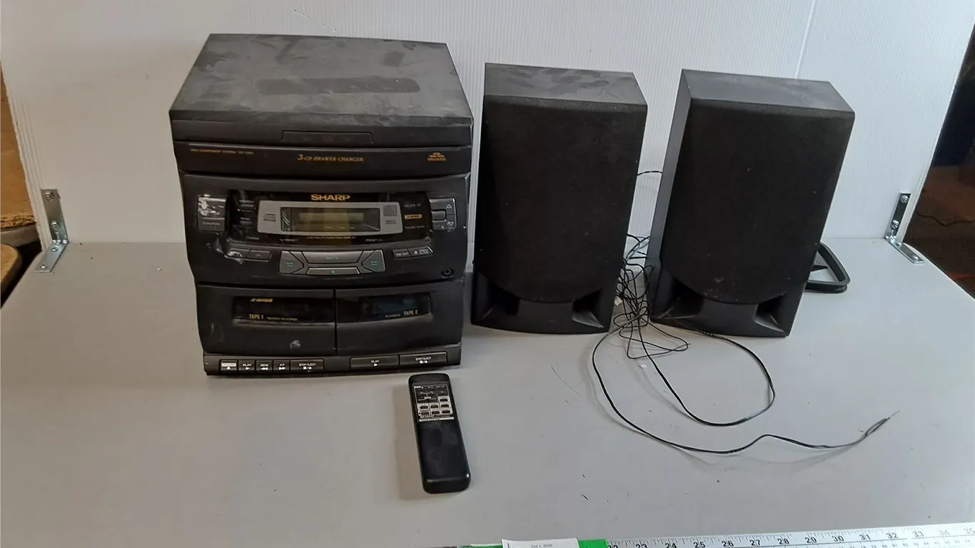 Sharp Radio/Cassette/CD Player, (2) Speakers & Remote-No Cord/Untested, Can't Ship