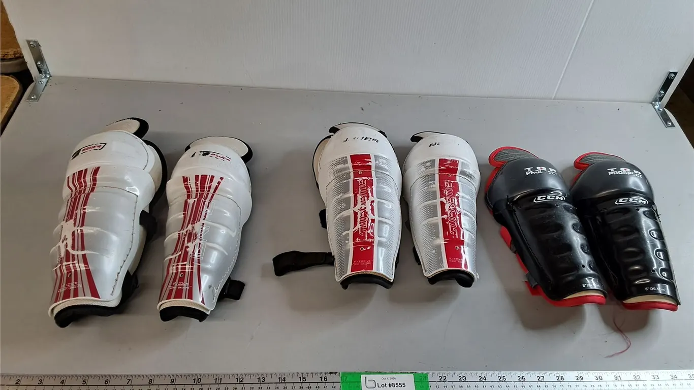 (3) Sets of Child Hockey Shin Pads- 8", M, L