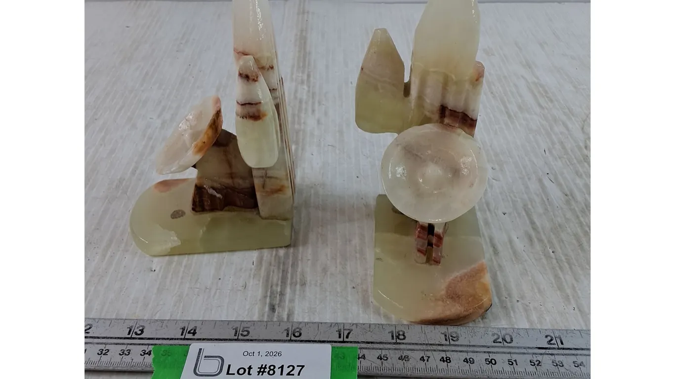 (2) Onyx Marble Bookends of Sleeping Siesta Man Beside Cactus