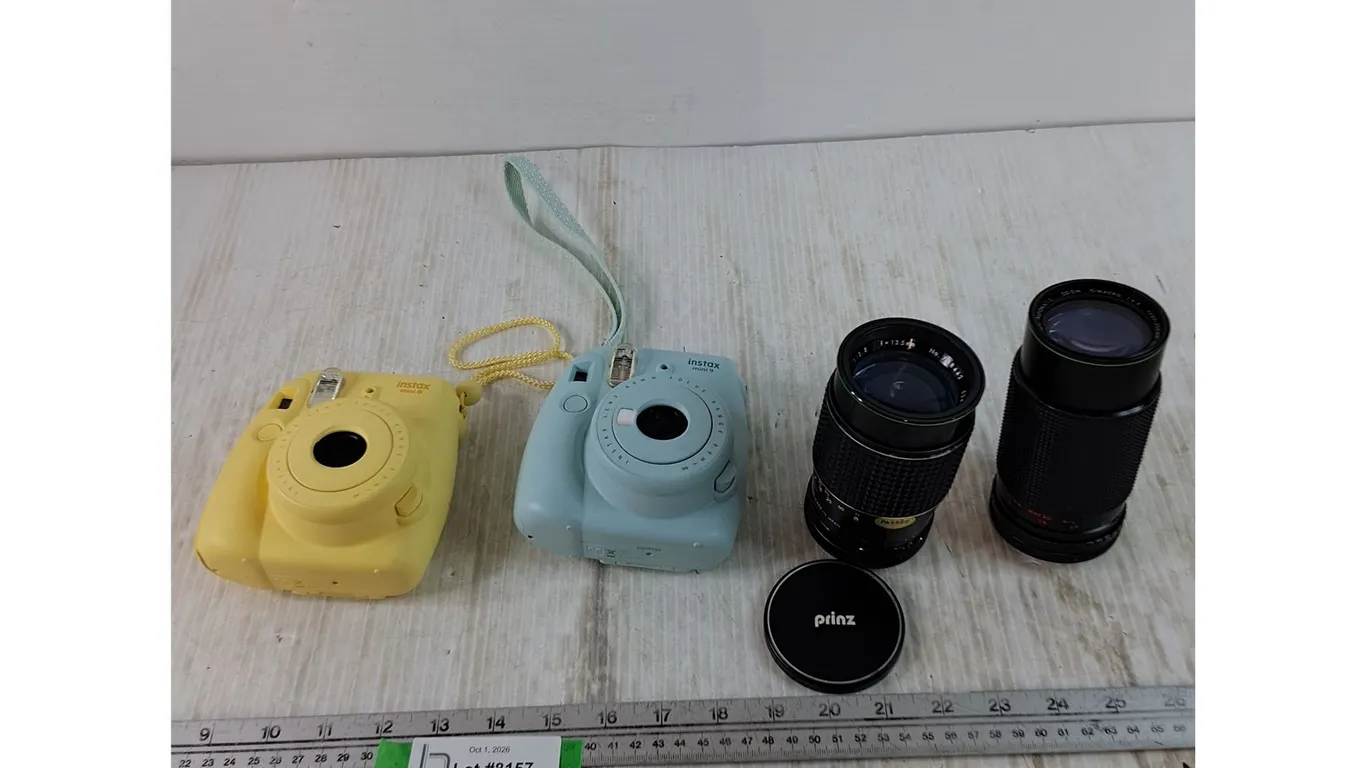 (2) Instax Cameras, Prinz and Hanimex Camera Lenses All Untested