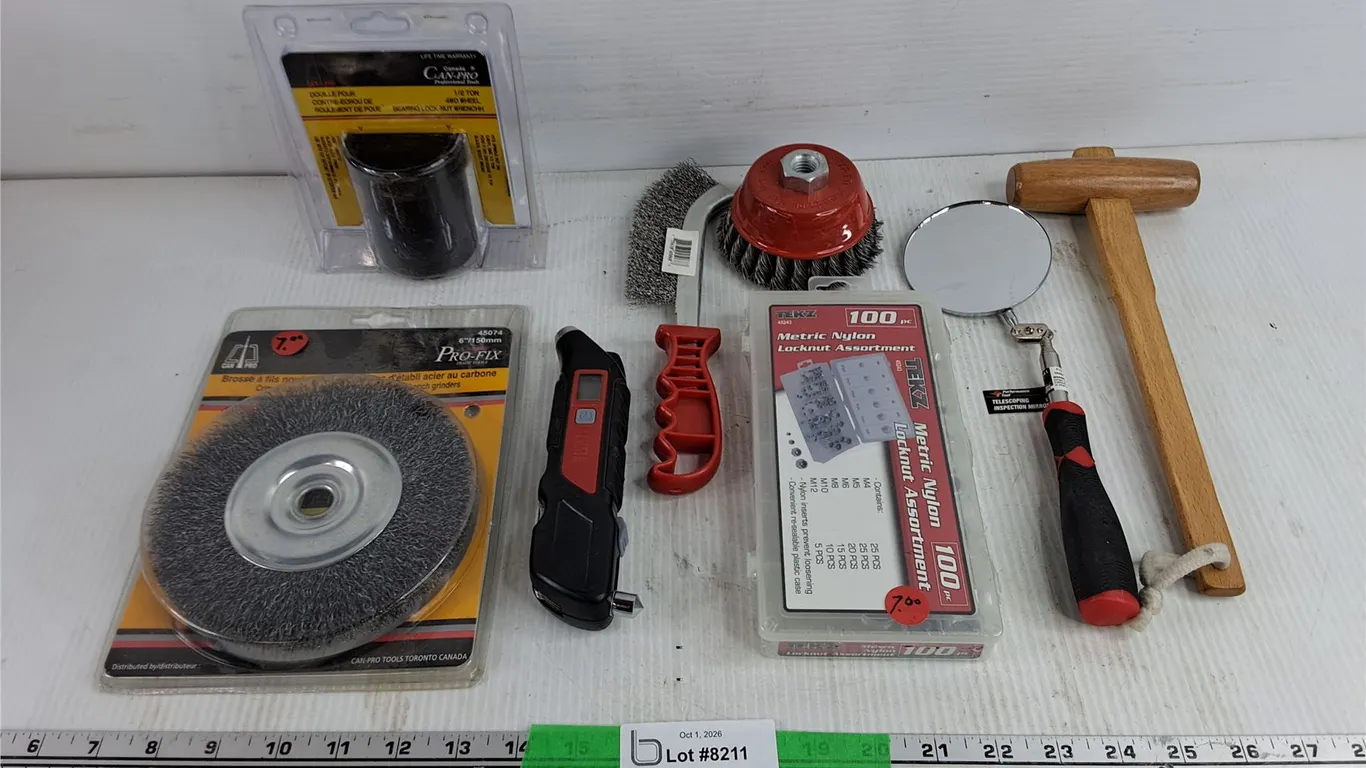Bearing Lock Nut Wrench, Tire Pressure Gauge, Wire Brush Wheel, Inspection Mirror, Mallet, Locknuts