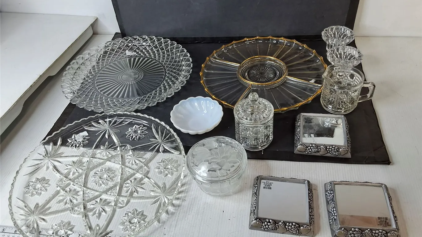 Glass Serving Trays up to 14", Candleholders, Candy Dishes, Misc. Pickup Pref'd