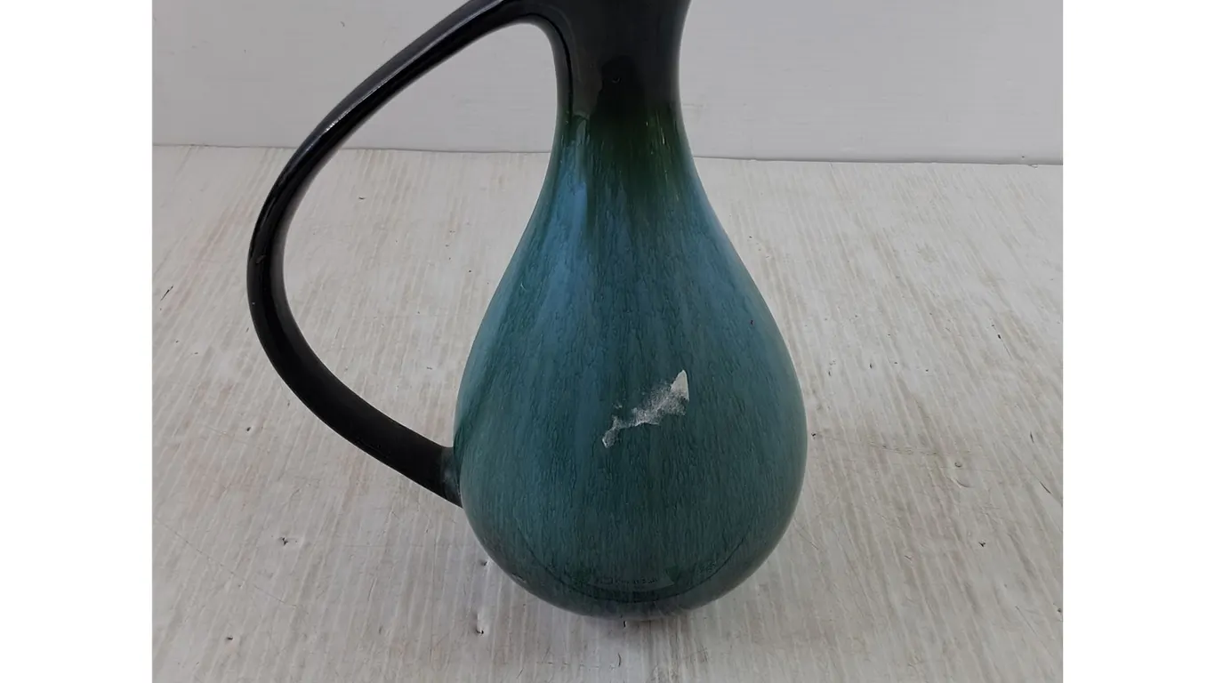 Ceramic Blue and Black Pitcher with Cracked Handle