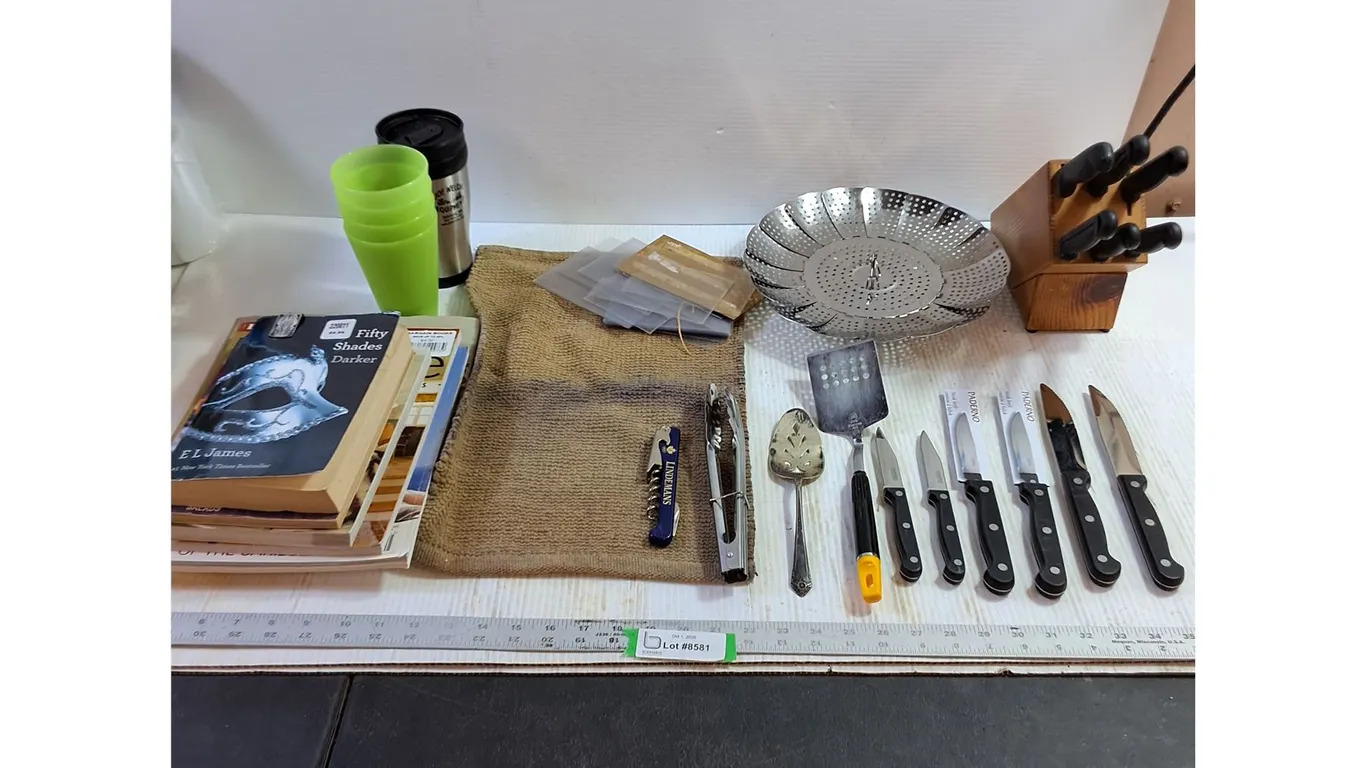 Assorted Knife Set, Palermo Knives, Books, Cups, Misc