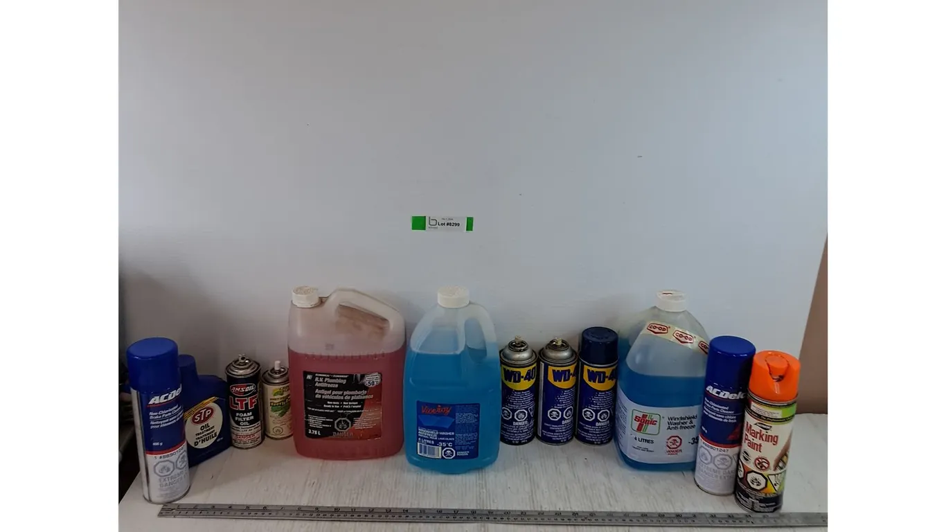 Assorted Chemicals, (2) Windshield Washer & Antifreeze, Brake Parts Cleaner, (3) WD40, No Shipping