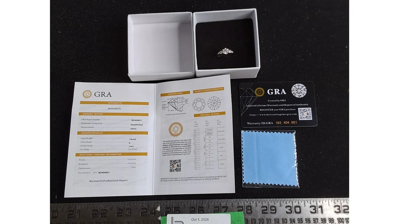GRA Moissanite Ring (Size 9) w/Grading Report & Warranty Card - Cannot Authenticate