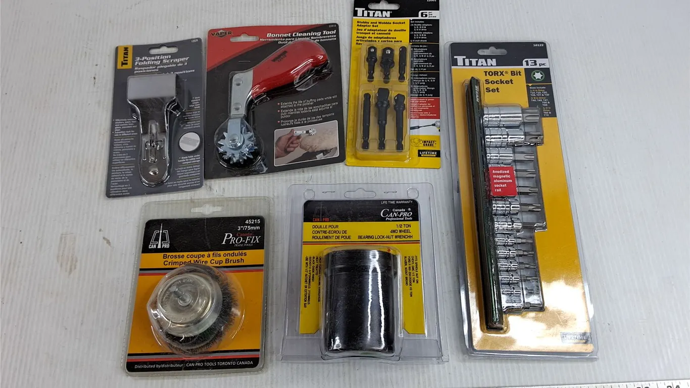 Folding Scraper, Torx Bits, Stubby & Wobble Socket Adapter Set, Wire Cup Brush, Misc