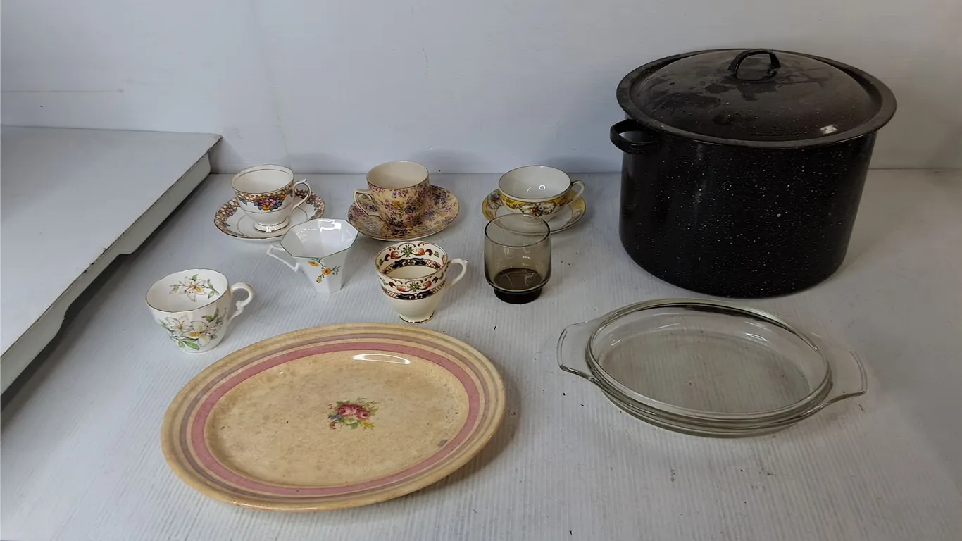 Teacups & Saucers, Enamelware Canner Pot, Misc.