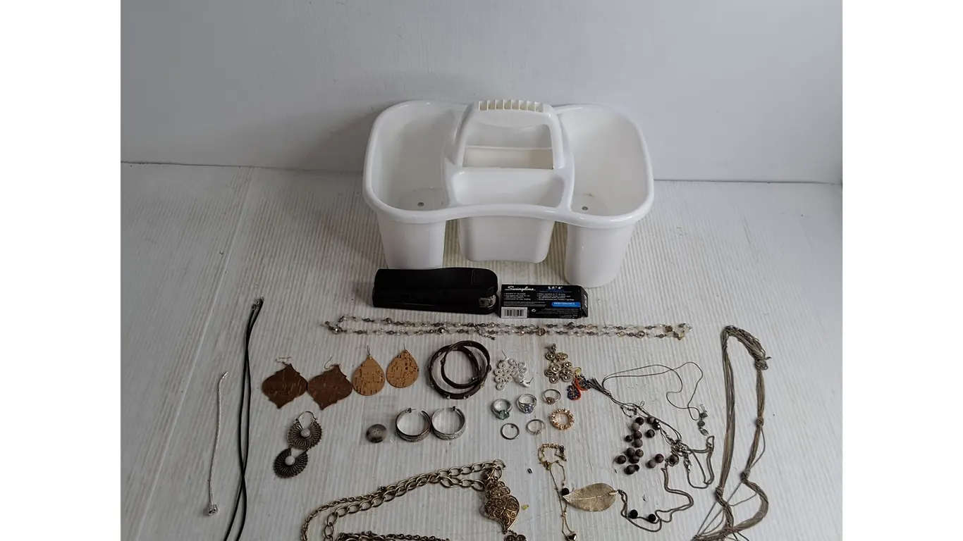 Assorted Jewelry - Rings (Size 8-11), Ear Rings, Necklaces, Bracelets, Parts Caddy, Stapler/Staples