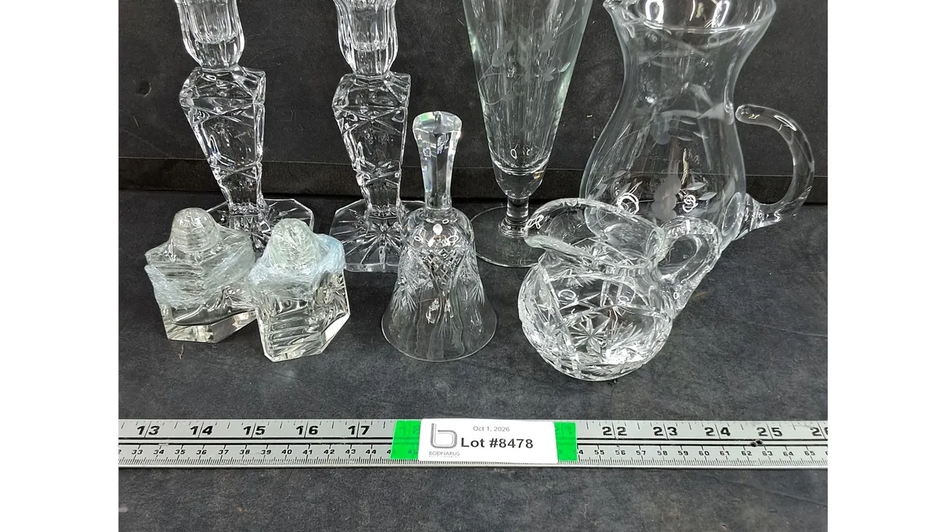 (8) Assorted Glass Items-Pitcher,Glass,Candle Holders,Salt/Pepper,Creamer,Bell