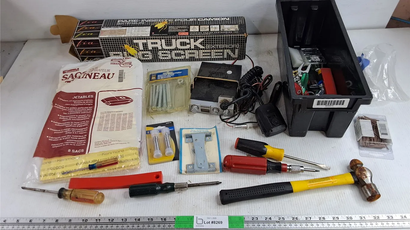 Truck Bug Screen, Hammer, Screwdrivers, Kenmore Vaccuum Cleaner Bag, Nails, Steering Wheel Puller